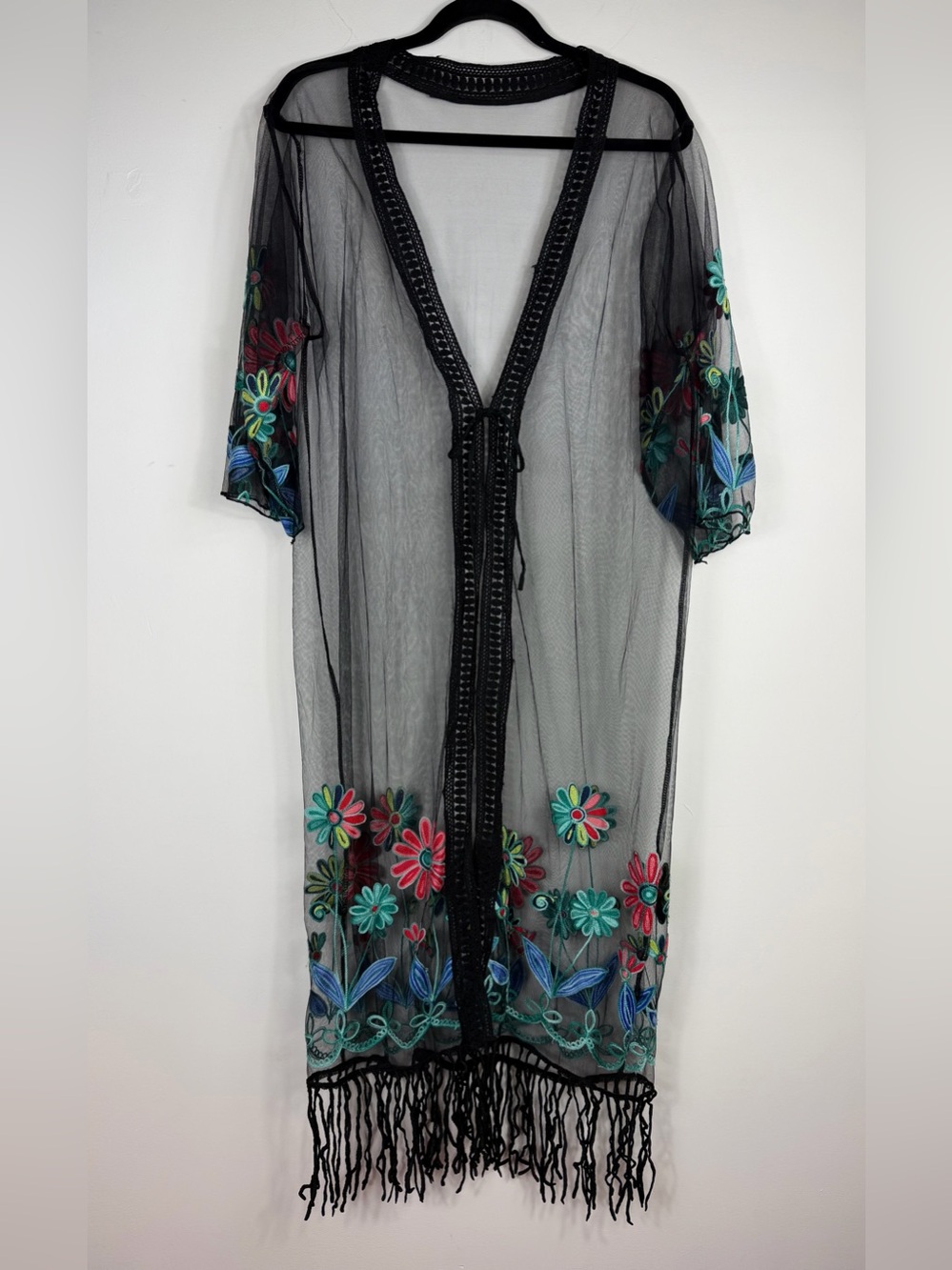 Boho Black Sheer Mesh Embroidered Floral Fringe Kimono Cover Up Duster OS - Picture 2 of 10